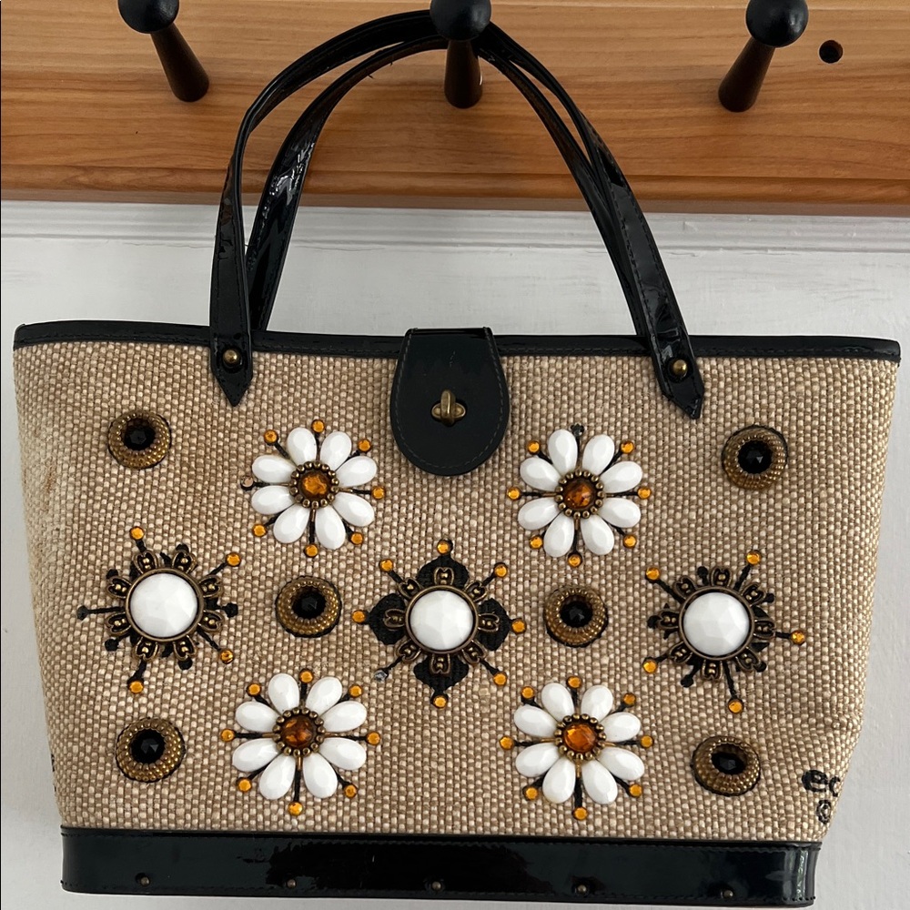 Elegant Floral Embellished Tote Bag in Tan and Black